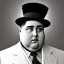 Placeholder: A 1930s Italian-American businessman in his 20s with a bowler hat and a tattered suit. He is obese and has a sad expression on his face. He is facing the screen.