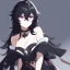 Placeholder: Clear focus, High resolution, rough line sketch art, long black hair, hair between eyes, fluffy hair, purple eyes, wearing a off shoulder shirt, no spaghetti strapes, dark aura, 1girl, wearing a skirt, genshin impact, wearing a little bit revealing outfit