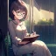 Placeholder: anime girl sitting on a porch swing of an old house, journaling, wearing pajamas, writing in a book, shes watching it rain, more detail on hands and her face,shes deep in her thoughts, wearing glasses, rain drops, she has a pencil in her hand and is writning in the book, she is looking down at what she is writing,zoom out