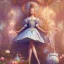 Placeholder: whole portrait of "Alice in the wonderland",Award-winning, detailed eyes, Realistic lighting, cinematic lighting, octane render, 8k ,elegant,smiling, by Chie Yoshii and disney background Olivetrees in style of salvatore Dali