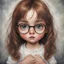 Placeholder: Little girl , in the style of Margaret Keane, long hair, ,very huge damp eyes, large glasses, close up, very long eyelashes, freckles, red nose