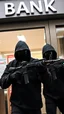 Placeholder: Bank robbery by hooded masked wearing sunglasses thieves carrying a machine guns