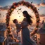 Placeholder: Hyper Realistic Photographic-Silhouette view of a beautiful mother with long-black-hair-whirling, carrying & happily-playing with her smiling-baby in her hands on a rooftop decorated with flower-arches, garland-lights-&-petals-whirling with cloudy-sunset-behind & silhouette-of-birds-flying showing dramatic & cinematic ambiance.