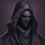 Placeholder: warlock, black mask with grey-yellow patterns, black robe with ash purple patterns, dark, ominous, ash purple, grey background