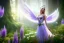 Placeholder: Fantasy cute elf with luminecent wings, smiling, make up, long blond platinum hair, blue eyes, crown, beautiful dress, wisteria flowers and mushrooms in background, HQ, high key lighting, volumetric light high details, unity engine