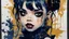 Placeholder: Poster in two gradually, a one side malevolent goth vampire girl face and other side the Singer Melanie Martinez face, painting by Yoji Shinkawa, darkblue and gold tones,