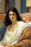 Placeholder: a beautiful Spanish woman in the foreground wrapped in a blanket as painted in the style of Walter Ufer