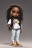 Placeholder: create a digital image of a plus size chibi dark skinned Black female wearing a white jean outfit with timberland boots. Prominent make up with brown eyes. Highly detailed dread locs 2k