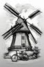 Placeholder: A modern realism drawing black and gray with very defined details of a dutch windmill and a bike vector image with white background for a tattoo