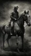 Placeholder: A man on horse in a Hyper Realistic Aerial Grungy Dark-Grey Brush strokes on a dark rustic background with charcoals