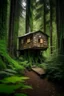 Placeholder: a tiny house in the high end of a big tree, in the middle of a dense forest.