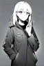 Placeholder: military girl puts her hand in her pocket to take something, greyscale