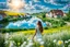 Placeholder: Young woman in flower field in country side ,river, houses,blue sky ,nice clouds,god rays