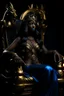 Placeholder: A dark-skinned Egyptian goddess with long black hair and piercing blue eyes, wearing a golden headdress and a sheer gown that reveals her curves. She is sitting on a throne made of obsidian, carved with the head of a snarling dragon