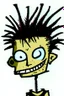 Placeholder: 2d drawing of a stickman, cool with punk hair, x eyes like in hangman, head slightly bended, looking close into camera, smiling,close-up ,3d realistic in colour