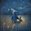 Placeholder: toddler with teddy bear seen on the back in a field at night with lots of stars, looking at an apparition in the sky