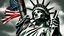 Placeholder: the statue of liberty, dress dirty and torn, her face solemn and terse, trash littered at her feet, she holds a crumpled american flag, she walks away, back to the viewer, under a dark and dreary sky