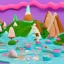 Placeholder: A landscape shot In the background A mountain made of cakes . above the mountain are pink and blue cumulus clouds made of cotton candy. a forest of lollipops and candy canes surround the lake. in the center a large ice cream float that is a lake. Groups Gingerbread people are sunbathing under a sunflower sun. Some gingerbread people are drinking from the lake