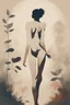 Placeholder: A minimalist, with a vintage twist, featuring a sleek and stylized unclad woman body silhouette against a faded, women body is painting about nature, awosome, bright.