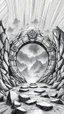 Placeholder: image of A rocky portal of a strange ring with strange symbols on it , the world of gray. those in the grayscale. Those beyond the portal in the color world are scary a stormy wether in the. Background in fine lines draw