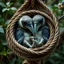 Placeholder: anthropomorphic Plague Doctor beak-masked big-eyed avian babies snuggling in surreal natural rope nest, creepy cute yin-yang, setting is a natural garden, by Anne Geddes and Patricia Piccinini, mind-bending magical realism, weirdcore, adorably strange, natural lighting