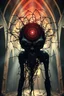 Placeholder: An alternative entity made out of bloody razor wire, metaphysical creature looking at the viewer with a singularity in it's head,strange liminal background clashes with a vivid gothic monastery surrounding, cinematic lighting,deep shadows, exploding rays of light behind it,