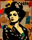 Placeholder: A vibrant and eclectic portrait of a woman, blending the irreverent spirit of Dadaism with the bold, graphic language of Pop Art, featuring a prominent female figure with an enigmatic expression, adorned with collage-like fragments of newspaper clippings, torn paper, and distressed textures, set against a backdrop of clashing colors and disparate patterns, with bold, black outlines and Ben-Day dots, evoking the stylized aesthetic of a 1960s-era advertisement, yet infused with a sense of playful