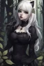 Placeholder: CAT GIRL, goth, forest, nature, cartoon, leaves, half black half white hair, boobs, portrait