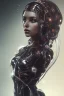 Placeholder: wonderfull portrait, shakira face, half side face robot rust, long black hair, intricate, sci-fi, cyberpunk, future,