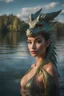 Placeholder: ultra realistic photograph of a stunning anthropomorphic femdragon, beautiful gorgeous, in clear swimwear, lies on the water surface of the lake, stunning composition evoke a sense of admiration, Cinematic lighting, Volumetric lighting, Epic composition, Photorealism, Bokeh blur, Very high detail, Sony Alpha α7, ISO1900, Character design, Unreal Engine, Octane render, HDR, Subsurface scattering