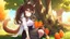 Placeholder: 1girl, sitting, animal ear, tree, carrot, brown bunny ears, brown bunny tail, animal tail, short blue skirt, long brown hair, white shirt,