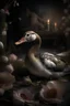 Placeholder: Create an image of a greylag goose, symbolizing a journey, freedom, and a connection with nature. Behind the goose, use feathered wings as symbols of yearning and the accumulation of love. In the background, depict a grave adorned with flowers, suggesting a blend of sorrow or loss. Play with lighting to showcase both the beauty and shadows. Include a representation of the vastness of space, perhaps with a celestial blue hue, mirroring the poem's description of the boundless and distant blue unkn