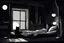 Placeholder: Woman sleeping in a dark room with a black cat. Moonlight filters through the window. Calming atmosphere.