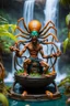 Placeholder: action figure of Dhalsim as an alien spider electric eel necromancer on round swamp boat beholder eye wheel throne in a charged foggy jungle waterfall