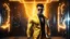 Placeholder: Hyper Realistic handsome muscular Electric-Superhero with short-black-hair wearing long-fancy-yellow-tuxedo & fancy-sunglasses in a dark-rustic-circuit-room with electric-sparks-&-rays & a massive circuit-board-wall with-glowing-embers showing dramatic & cinematic ambiance.