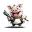 Placeholder: Little pig laughing, armed with a gun, cartoon style, James Bond style, vivid and dark colors, white background, 32k UHD