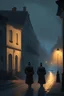 Placeholder: A street in Vallaki in the late evening with in the distance Izek Strazni, the captain of the guard, together with two guards.
