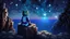 Placeholder: Minecraft Character, minecraft theme, purple starry sky, meditating, facing back, wearing gown, minecraft style, in between two cliffs,