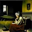 Placeholder: oil painting, woman seating down, dark, Andrew Newell Wyeth