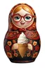 Placeholder: draw a Russian matryoshka doll in the style of Khokhloma, the matryoshka is smiling, the matryoshka has a icecream in her hands, a frontal angle, a picture on a white background, the matryoshka is drawn entirely, a highly detailed 3d picture