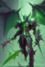 Placeholder: Demonio con armadura del futuro verde con alas de mosca y una enorme lanza