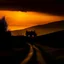 Placeholder: dark night, orange sunset colors in the sky, a lonely cottage with the lights on in the distance on a mountain, a lonely dark figure walking down the road