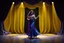 Placeholder: modern stage with gray-dark yellow blueish violet theme artistic decoration , color full dynamic lighting, a beautiful lady in maxi dress with shining silver jewels ,curvy long hair,dancing, 3D recursive fractal structure animating background