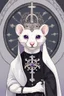 Placeholder: (anthropomorphic white ferret),dressed in ((cleric fantasy)) black clothes with silver holy ornaments, realistic anatomy, holy symbols around, serious face, hold holy cross symbol, tired face, in the style of LOISH, look at the vivewer, cute face, fantasy inspire, fantasy church on background with sunshine, gloomy atmosphere, high angle shot, purple armband, The holy icon style