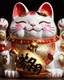 Placeholder: Prompt : Ultra-detailed photograph of a large, luxurious, multi-tiered Japanese maneki-neko (lucky beckoning cat) ceramic figurine, pure white base color with vivid red, gold, black and orange accents, very cheerful and smug expression, both eyes closed in deep bliss, pink blush on cheeks, classic red collar with large golden bell, main large cat has golden Chinese characters on arms: "金運来福" and "千客萬來”, red and gold patterned bib, on the belly area a golden tray filled with many smaller mane