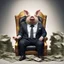 Placeholder: rich pig in suit on a throne making stacks of money by making a deal with a buisnessman