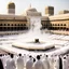 Placeholder: The scene in Mecca: People wearing white Ihram clothes, men without head coverings, women with veils, circumambulating around the Kaaba, and above them are transparent white spirits of children, men, and women with wings revolving around the Kaaba.