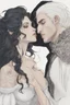 Placeholder: Strahd Von Zarovich, long black hair, being kissed on the mouth by a beautiful woman with white hair, wearing an off the shoulder dress. Settling and background are a lavish toomb with an ebony coffin.