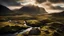 Placeholder: Mountainous landscape on Kerguelen, dramatic sunlight, chiaroscuro, beautiful composition, award-winning photograph