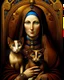 Placeholder: hauntingly illuminated medieval portrait of Saint Gertrude of Nivelles, her serene yet commanding presence radiating from the gilded frame as if stepping through time. Dressed in flowing 7th-century abbess robes of deep burgundy and gold, she cradles two sinuous Oriental Shorthair chocolate point Siamese cats like sacred relics—their piercing blue eyes glowing like sapphires against velvety sepia fur, their angular faces turned toward her with feline reverence. One paw rests on her embroidered s